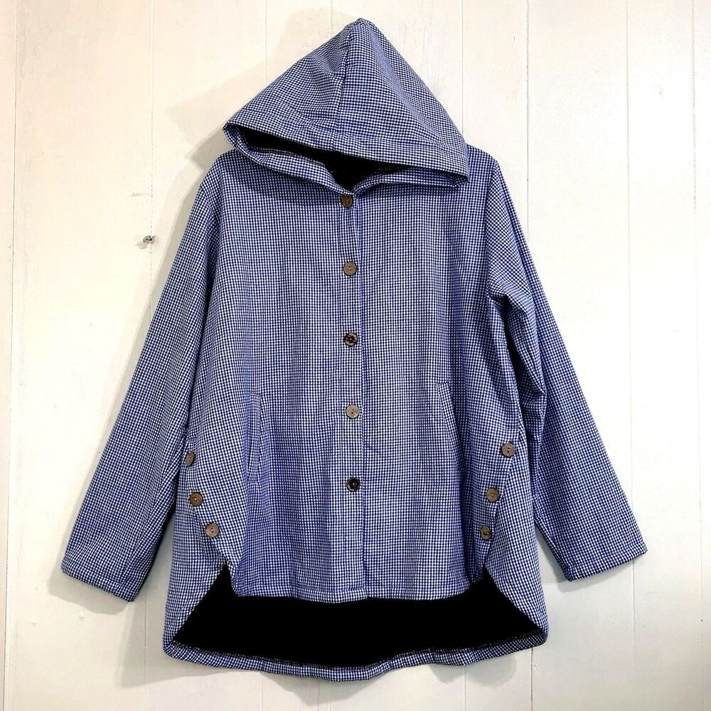 Misslook Hooded Jacket Size Large Blue White Gingham Brown Faux Fur Lining.